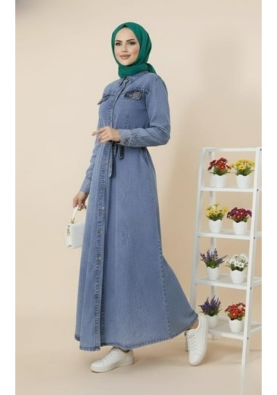 Hb Harma Time Butik Kadın Boncuk İşlemeli Düğmeli Kuşaklı Kot Mavi Elbise