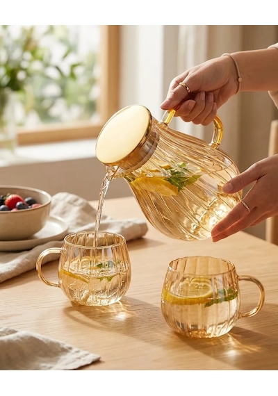 Modern Borosilikat Dilimli 1800 Ml Cam Sürahi Ve 300ml 2li Bardak Çay, Meyve Detoksu Ve Soğuk İçecekler İçin