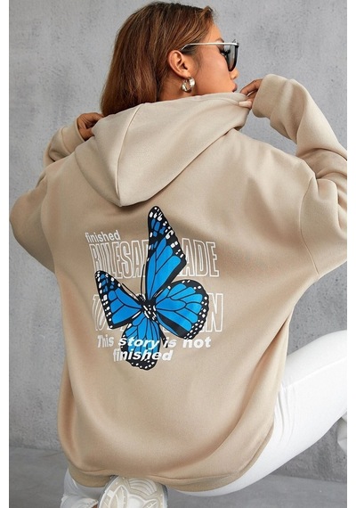Uyguntarz Unisex Kelebek Sırt Baskılı Sweatshirt Bej