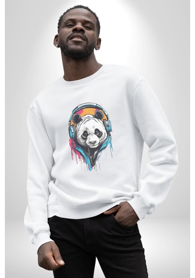Kulaklık Ayı Panda Unisex Beyaz Baskılı Sweatshirt Beyaz