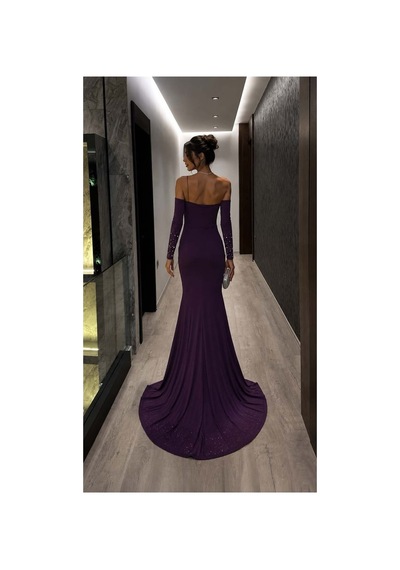 Lior Design Kadın Yeni Sezon Tek Omuz Taş Detaylı Abiye Elbise Mor