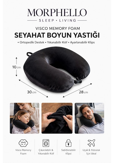 Morphello Visco Seyahat Boyun Yastığı Klipsli, Yıkanabilir Kılıflı Ortopedik U Boyun Yastığı Siyah