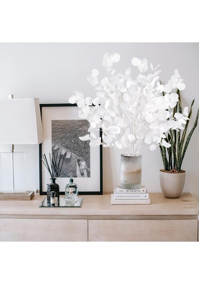 Yapay Çiçek Beyaz Okaliptus Tek Dal Kumaş Yapraklı Uzun Dal 80cm Eucalyptus