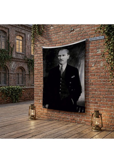 Siyah Takım Elbiseli Mustafa K. Atatürk Poster Bayrak Raşel Kumaş 100x150 Cm Ata39 Diğer