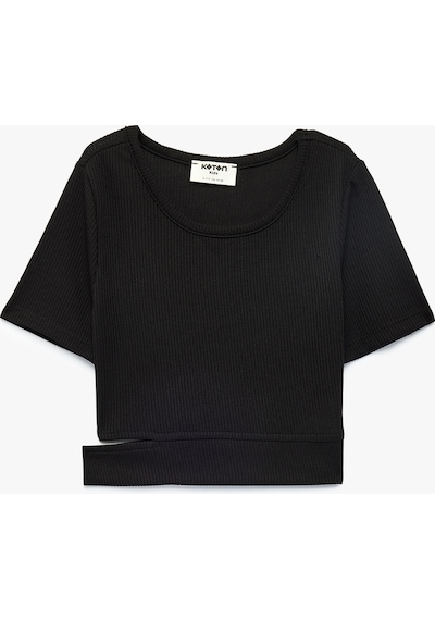Koton Pencere Detaylı Kısa Kollu Bisiklet Yaka Crop Tişört Siyah 6skg10499ak