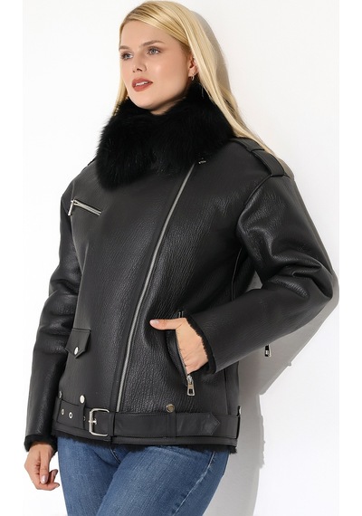 M M Marki Marki Kadın Hakiki Deri Mont, Siyah, Oversize, İçi Kürklü, 74 Cm, Kemerli