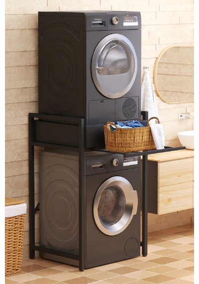 Çamaşır Sepeti Çekmeceli Çamaşır Makinası Ve Kurutma Makinası Rafı Makina Üstü Banyo Düzenleyici Raf Blackk
