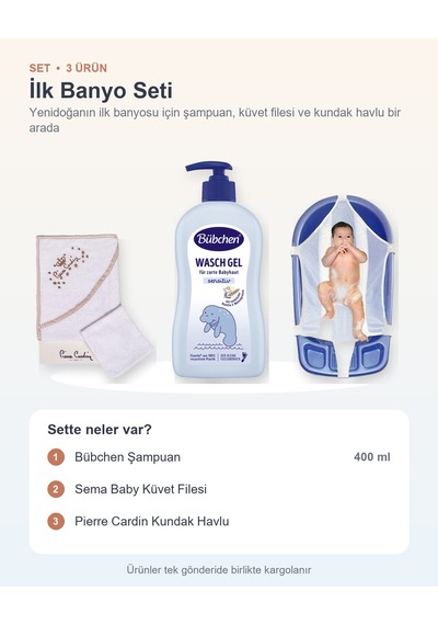 İlk Banyo Seti 3 Parça: Bübchen Şampuan + Sema Baby Küvet Filesi + Pierre Cardin Kundak Havlu