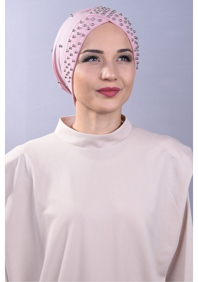 Melodi Scarf Kadın Tesettür İncili Taşlı Havuz Dış Bone Pudra Pudra