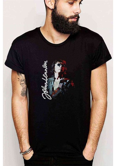 Beatles John Lennon Metal Baskılı Siyah Erkek Tshirt