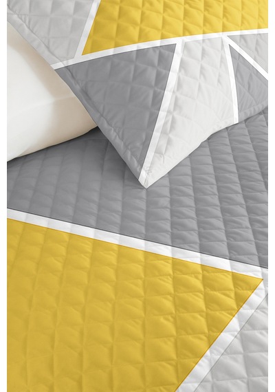 Sarı Geometrik Genç Odası Tek Kişilik Pike Takımı - Gri Modern 160x220 Cm Kapitone Yatak Örtüsü Mumlu Kum Akışı