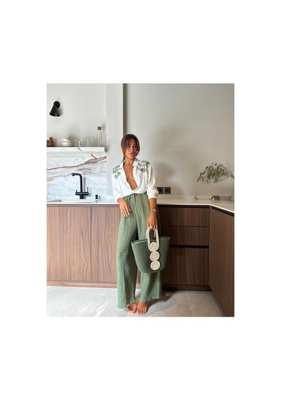Wellway Agaçkabugu Pantalon Keten Nakış Detaylı Gömlek İkili Takım-yeşil-2514 Yeşil