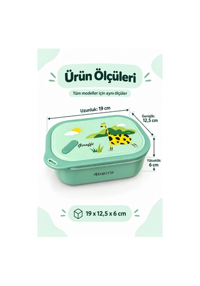 2 Bölmeli Yemek Termosu - Yeşil Zürafa Desenli Beslenme Kabı - 1000 Ml, Sızdırmaz, Kaşıklı, Paslanmaz Çelik