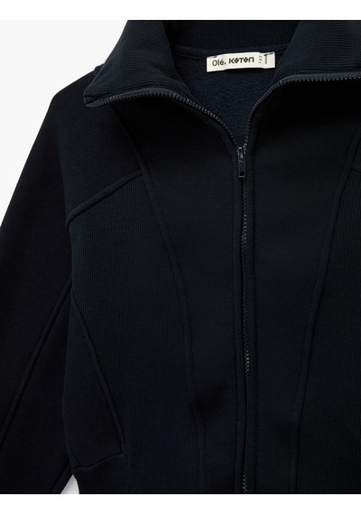 Koton Şardonlu Uzun Kollu Klasik Yaka Fermuarlı Sweatshirt Lacivert 6sal10411ık