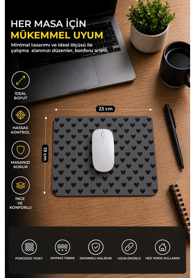 Siyah Renkli Kalpli Desenli Ergonomik Mouse Pad, Kaymaz Yüzey İle Ev Ve Ofis Kullanımı İçin İdeal