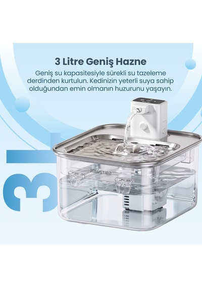 Haustier Wf08 Otomatik Kablosuz Kedi Su Pınarı, Sensörlü , Bataryalı , Ultra Sessiz, Çelik , 3lt Hazne