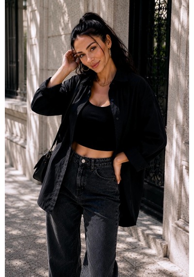 Bb Butik Basic Kadın Oversize Poplin Gömlek Uzun Kollu Basic Gömlek Tr0735 siyah