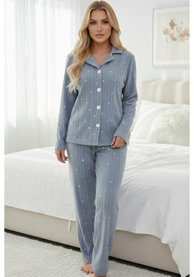 Siyah İnci Düğmeli Büyük Beden Polar Kışlık Örme Pijama Takım mavi