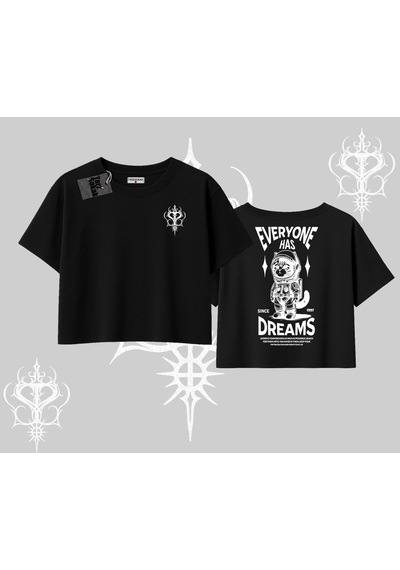Tarzsokak Everyone Has Dreams Yazılı Astronot Kedi Arka Baskılı Oversize Crop Tshirt Siyah