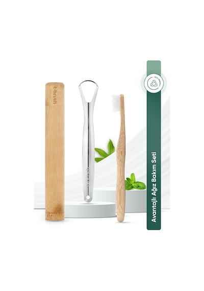 Tbrush Beyaz Nano Bambu Diş Fırçası - Ultra Soft + Paslanmaz Çelik Dil Temizleyici + Diş Fırçası Kabı