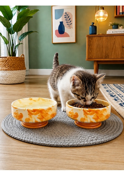 Mama Kabı Kedi Ve Köpek Ayaklı 2 Li Seramik Doğal Mama Ve Su Kabı Soft Sarı Marble