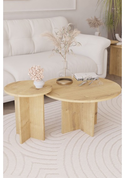 2 Li Orta Sehpa Seti, İskandinav Stil, Bohem, 72 Cm, 40 Cm - Safir Meşe
