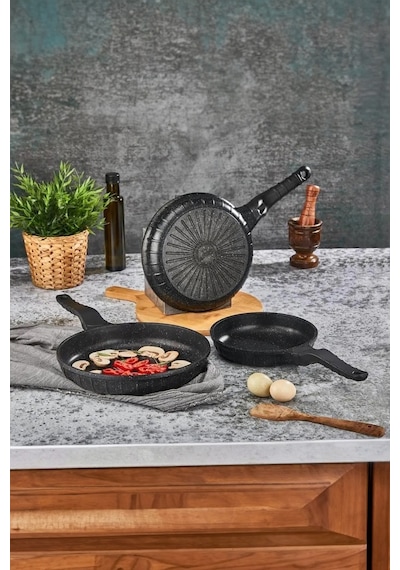 Line 3 Parça Döküm Tava Set 20/24/28 Cm Yapışmaz Siyah