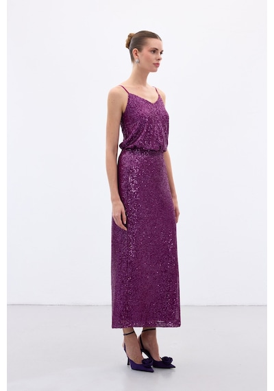 Sateen Karolin Midi Etek - Mürdüm-136654 Mürdüm