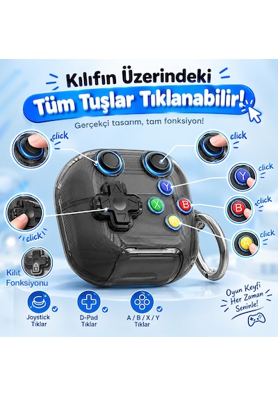Caseonn Huawei Freeclip 2 Kılıf Tıklanabilir Tuşlu Oyun Kolu Tasarımlı Transparan Kapak Füme