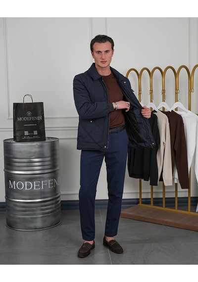 Modefendi Slim Fit Baklava Desen Torba Cep Dolum Elyaf Mont Lacivert