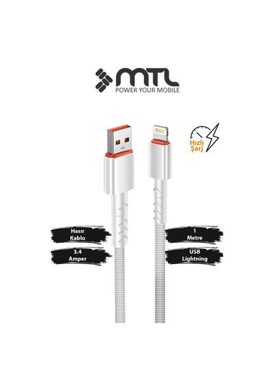 3.4a Usb To Apple Uyumlu iPhone Lightning Hasır Hızlı Şarj Ve Data Aktarım Kablosu 1 Metre Beyaz Mt2016