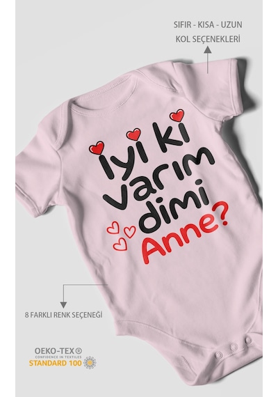 Morivokids İyi Ki Varım Dimi Anne Kısa Kollu Bebek Body %100 Pamuk Bebe Pembe