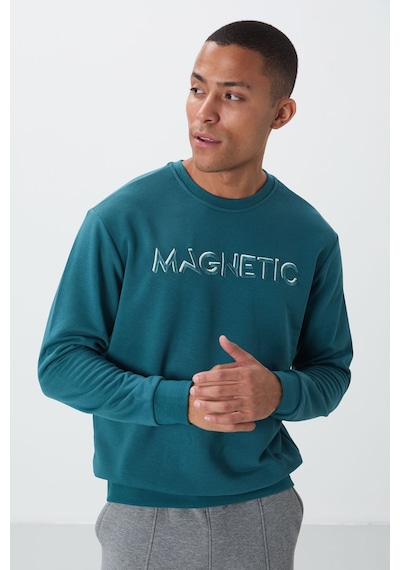 Tommy Life Zümrüt Yazı Nakışlı O Yaka Rahat Form İçi Polarlı Erkek Sweatshirt - 88020 Zümrüt