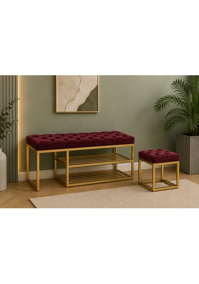 Gold Metal Bench Ayakkabılık Bank, Kapı Girişi Puf Ayakkabılık Bordo