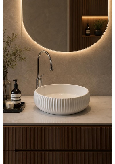 Lena E-4161 Tezgah Üstü Porselen Lavabo Beyaz Porselen Mobilya