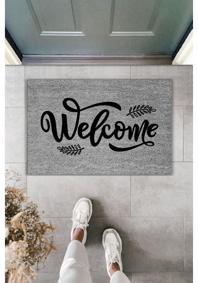 Rugmood Modern Dijital Baskı Paspas - Yaprak Welcome Paspas - Kapı Önü Paspası 70x45cm Gri