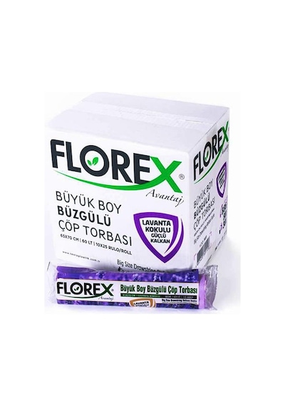 Florex 60 Litre Büzgülü Lavanta Kokulu Çöp Torbası Poşeti / 65 x 70 Cm. - 10x5 Rulo / Paket