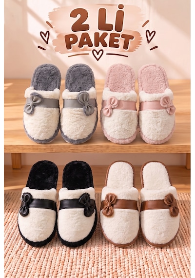 Stwenn 2'li Karma Erkek Kadın Avantajlı Paket Peluş Ev Terliği Kapalı Burun Arkası Açık Sıcak Rahat Panduf 2 Li Osimen