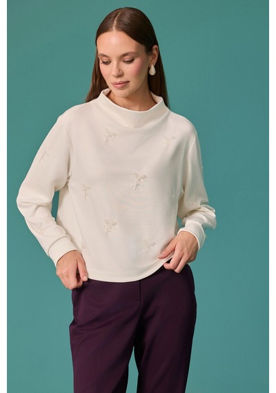 Seçil Kadın İnci Çiçek Detaylı Dik Yaka Sweatshirt Ekru