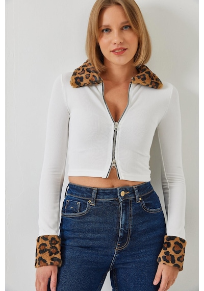 Shade Kadın Leopar Peluşlu Fermuarlı Hırka 60261015 - Beyaz
