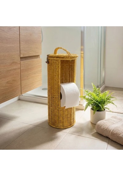 Askılı Plastik Rattan Tuvalet Kâğıdı Standı Hasır Görünümlü, Kapaklı, Yedekli Wc Kâğıtlık, Banyo Ve Tuvalet İçin Dekoratif Organizer Altın