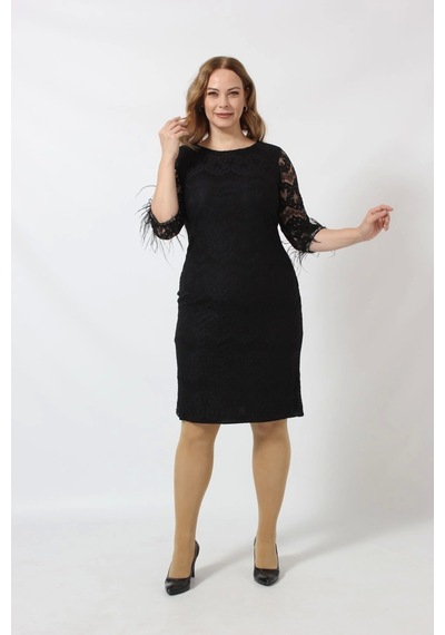 Moda Berray Kolları Tüy Detaylı Dantel Elbise Büyük Beden Kısa Abiye Siyah Moda Berray Kolları Tüy Detaylı Dantel Elbise Büyük Beden Kısa Abiye Siyah