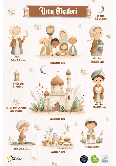 Ramazan Temalı Çift Taraflı Cam Sticker Seti Çocuklar İçin Sevimli İslami Figürler & Cami Tasarımları Dijital Baskı