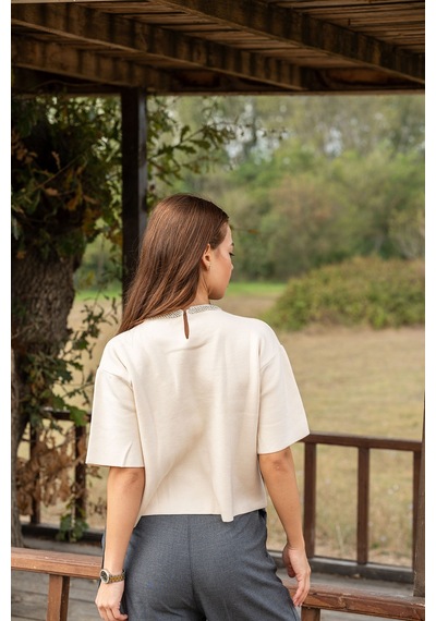 Verdeblanco Taşlı Yaka Basic Bluz Krem Krem