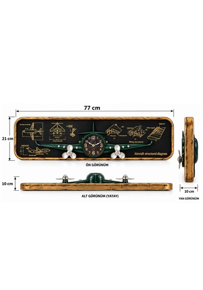 Nostaljik Uçak Temalı Kırmızı Pano Saat - 77 Cm Kahverengi - Yeşil