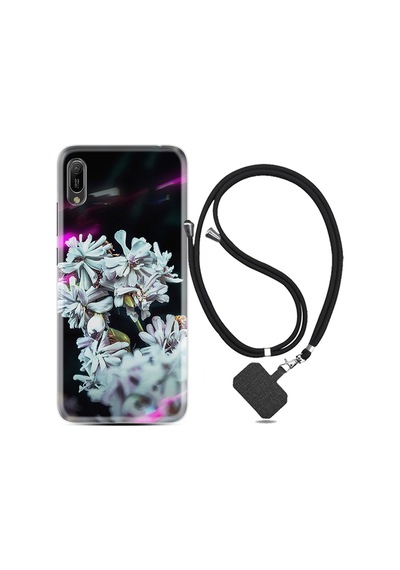 Huawei Y6 2019 Kılıf Boyun Askılı Beyaz Çiçekler 1888
