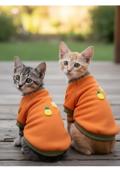 Kemique Ice Cream & Pineapple Turuncu Haki Kedi Polar Sweatshirt Sıcak Tutan Yumuşak Kedi Kıyafeti