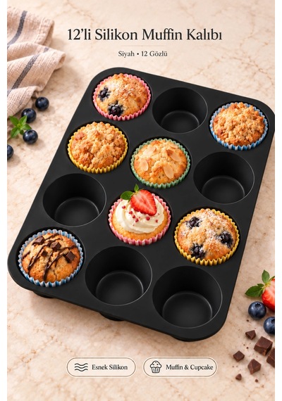 Tilbe Home Tilbe Home 12'li Silikon Muffin Kalıbı Yapışmaz Cupcake Kek Kapsül Brownie Mutfak Fırın T Siyah