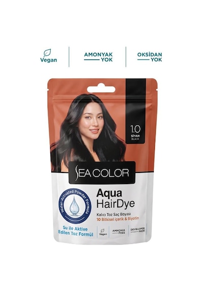 Sea Color Aqua Hair Dye Vegan & Amonyaksız Su İle Aktive Edilen Kalıcı Saç Boyası Toz 1.0 Siyah