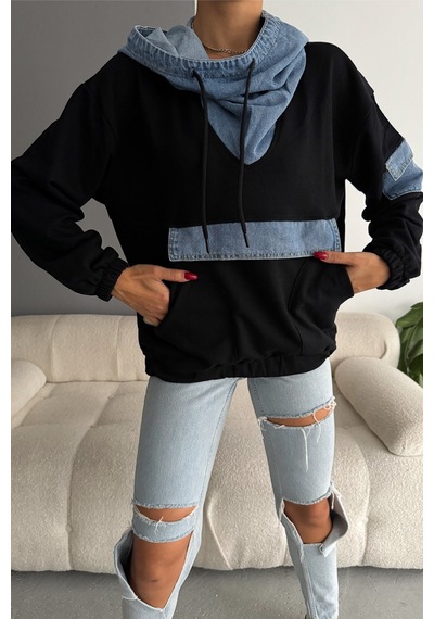 Femelle Kot Garnili Kapüşonlu Tasarım Sweatshirt siyah